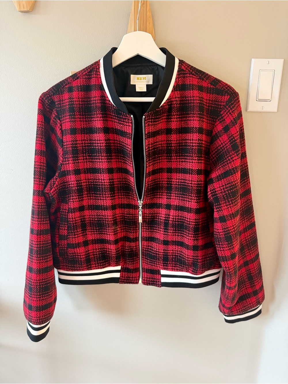 Maeve (Anthropologie) Red and Black Plaid Bomber Jacket with Stripe Trim